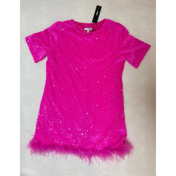 Fashion Nova Dresses & Skirts - Fashion Nova Hot Pink Sequin Feather Trim Mini Dress Short Sleeve XL NWT